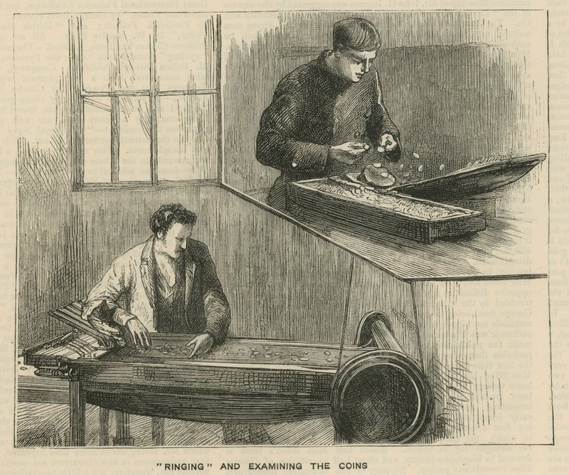 Szkice w Mennicy Królewskiej, Tower Hill; dzwonienie i sprawdzanie monet autorstwa English School