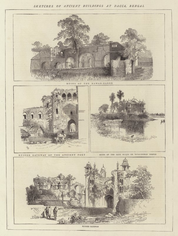 Szkice starożytnych budynków w Dacca, Bengal (grawerowanie) autorstwa English School
