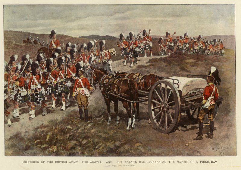 Szkice armii brytyjskiej, Argyll and Sutherland Highlanders w marszu w dzień polowy (kolorowa litografia) autorstwa English School