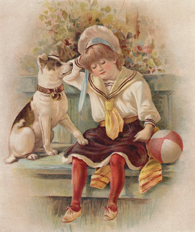 Śpiąca dziewczynka i jej pies (chromolitho) autorstwa English School