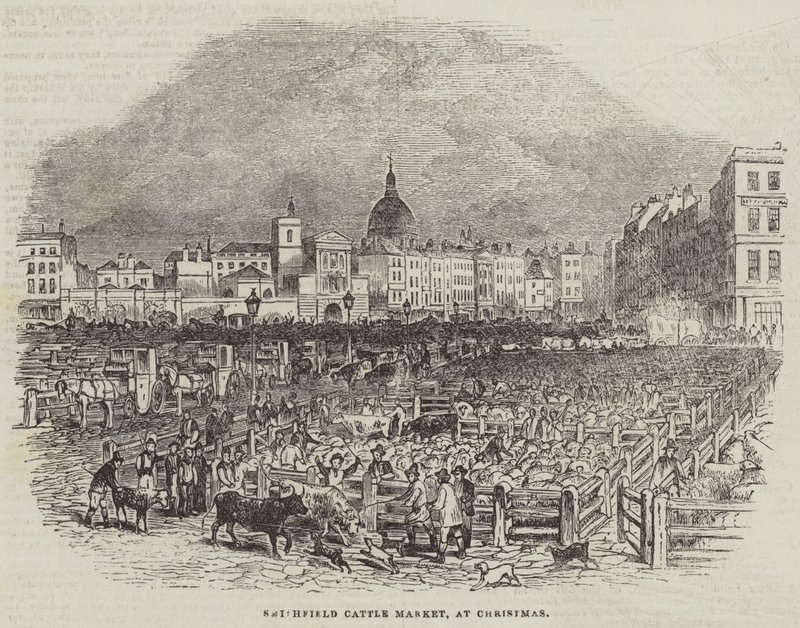 Smithfield Cattle Market, na Boże Narodzenie (grawerowanie) autorstwa English School
