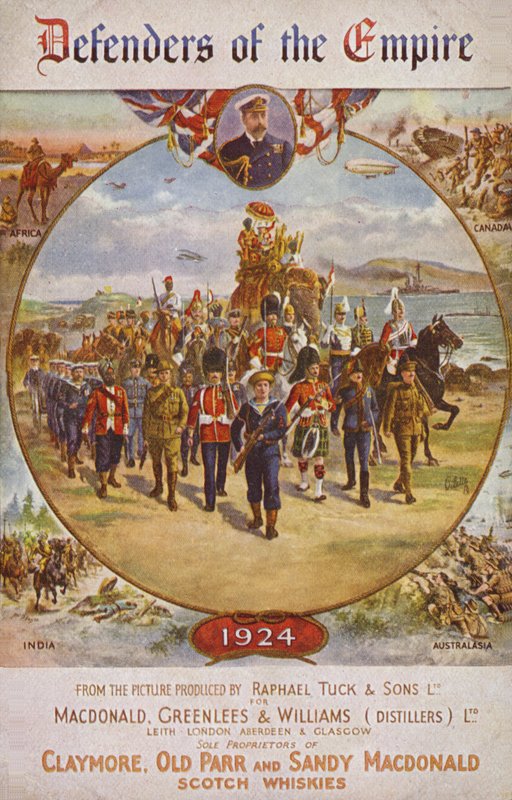 Żołnierze Imperium Brytyjskiego i król Jerzy V (kolorowa litografia) autorstwa English School