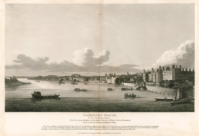 Somerset House, Londyn, w oryginalnym stanie z różnymi budynkami nad brzegiem Tamizy aż do Westminster autorstwa English School