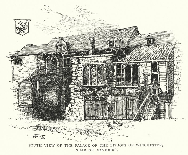 Widok południowy na Pałac Biskupów Winchester, w pobliżu Bazyliki Świętego Zbawiciela (rycina) autorstwa English School