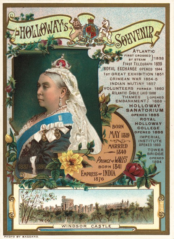 Pamiątka z Diamentowego Jubileuszu Królowej Wiktorii z 1897 roku przedstawiająca kluczowe wydarzenia podczas jej panowania (chromolitho) autorstwa English School