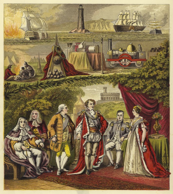 Władcy Domu Hanoweru; Król Jerzy I, król Jerzy II, król Jerzy III, król Jerzy IV, król Wilhelm IV, królowa Wiktoria autorstwa English School