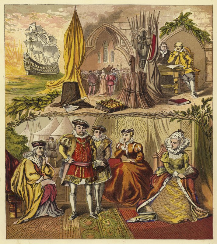 Władcy linii Tudorów; Król Henryk VII, król Henryk VIII, król Edward VI, królowa Maria, królowa Elżbieta I autorstwa English School