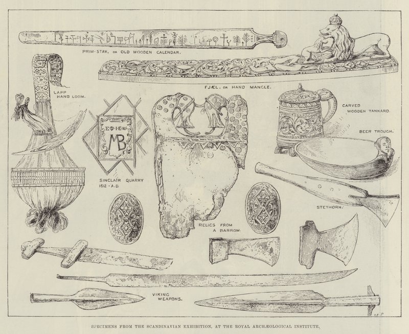 Okazy z Wystawy Skandynawskiej, w Królewskim Instytucie Archeologicznym (rycina) autorstwa English School