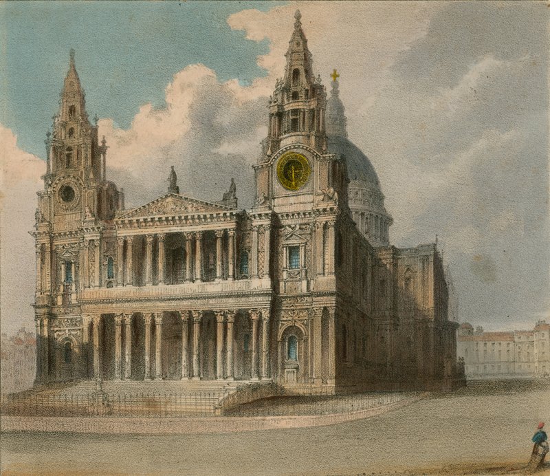 Spooners Protean Views: Katedra św. Pawła, pokazująca kabiny City Companies i Christs Hospital podczas wizyty Queens w Guildhall autorstwa English School