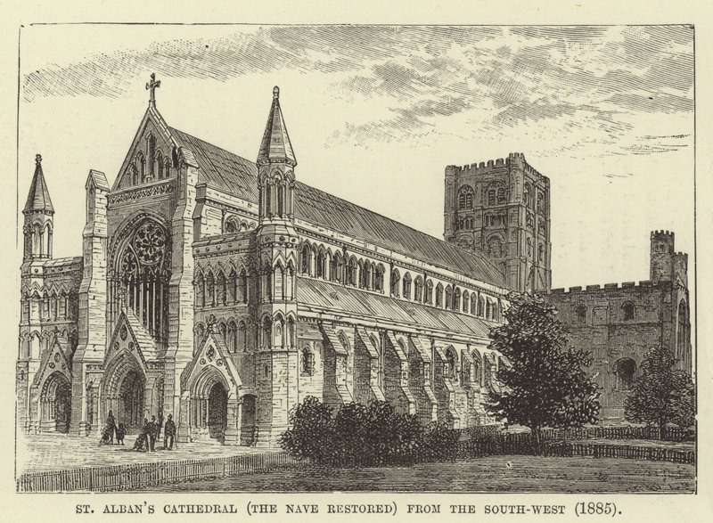 Katedra św Albansa, odrestaurowana nawa, od południowego zachodu, 1885 autorstwa English School
