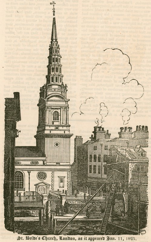 St Brides Church, Fleet Street, Londyn, jak wyglądał 11 stycznia 1825 autorstwa English School