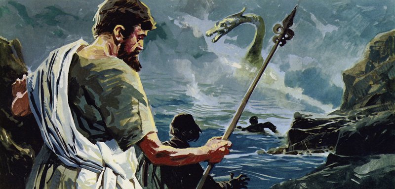 Św. Kolumba przybył do Loch Ness i zobaczył człowieka, który został zraniony przez wielkiego wodnego potwora autorstwa English School