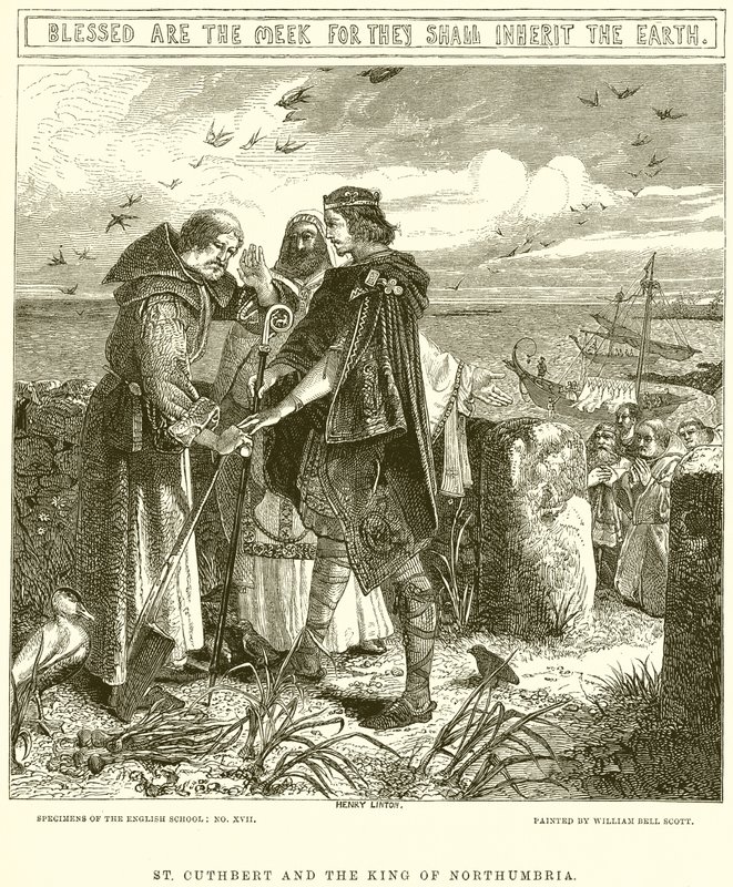 Św. Cuthbert i król Northumbrii autorstwa English School