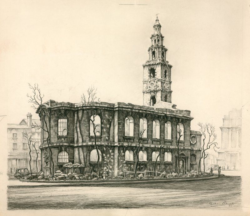St Mary-Le-Strand, Londyn, szkic ołówkiem z 1942 r. autorstwa English School