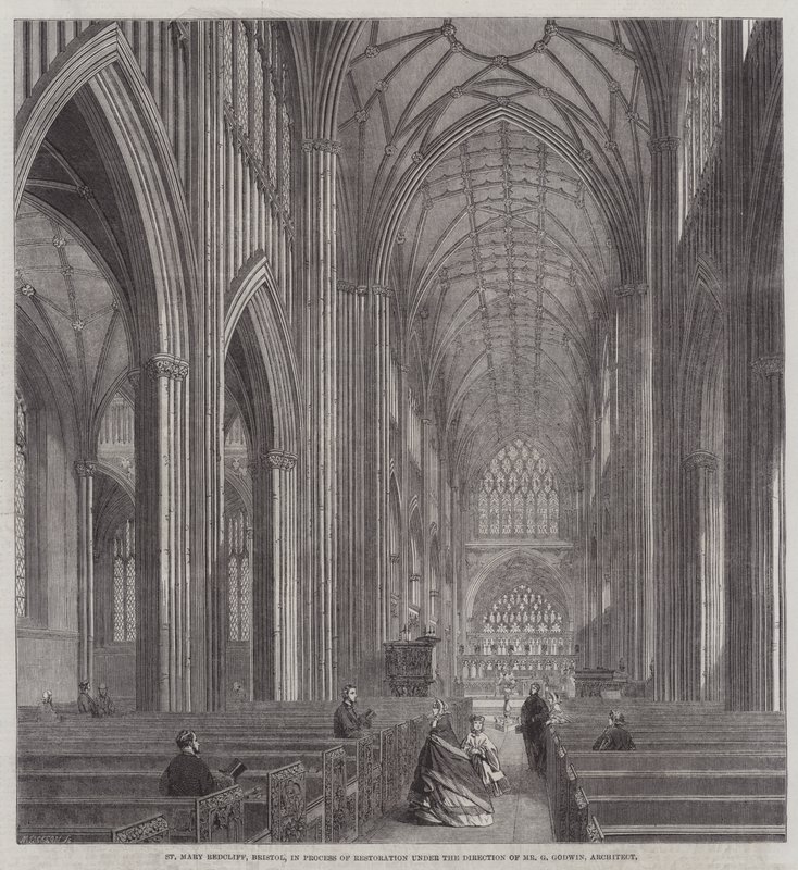 St Mary Redcliffe, Bristol, w procesie restauracji pod kierownictwem pana G Godwina, architekta (grawerowanie) autorstwa English School