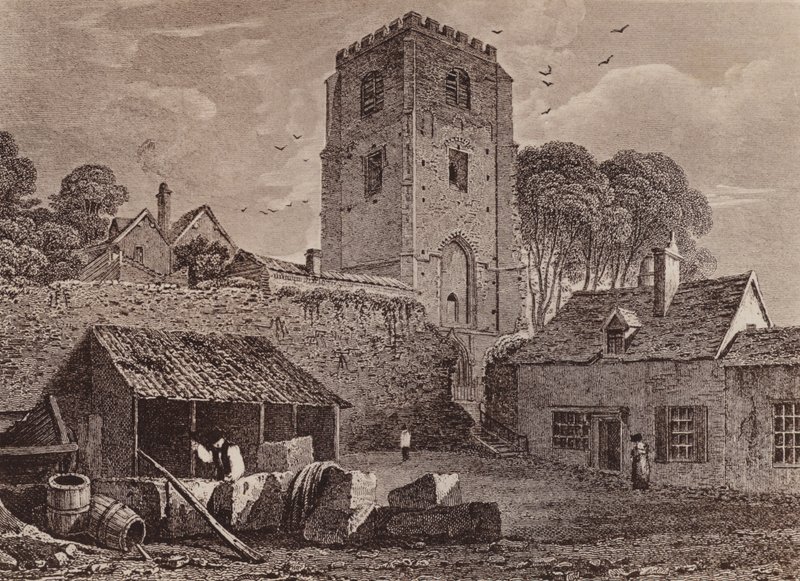 Kościół Mariacki pokazujący stary mur 1824 (litografia) autorstwa English School