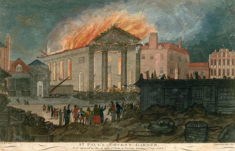 St Pauls Church, Covent Garden, Londyn, jak pojawił się w ogniu o godzinie 8 wieczorem 17 września 1795 autorstwa English School