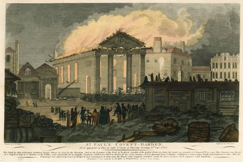 St Pauls, Covent Garden, Londyn, jak płonął wieczorem 17 września 1795 r. autorstwa English School