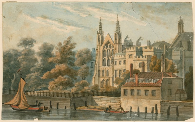 St Stephens Chapel, Speakers House itp., Westminster, Londyn, od strony Tamizy autorstwa English School