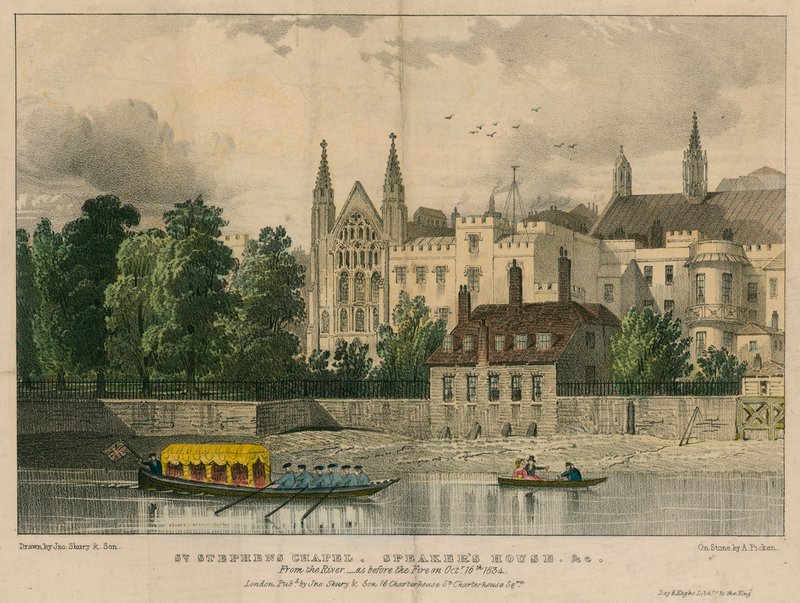 St Stephens Chapel, Speakers House itp., Westminster, Londyn, od strony Tamizy autorstwa English School