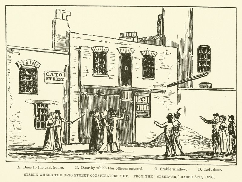 Stajnia, w której spotkali się spiskowcy z Cato Street, z „Obserwatora”, 5 marca 1820 (rycina) autorstwa English School