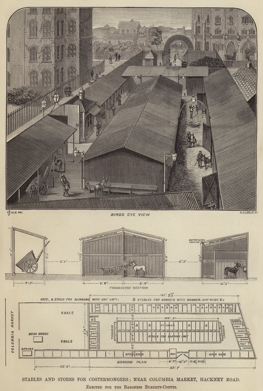 Stajnie i magazyny dla Costermongers, niedaleko Columbia Market, Hackney Road, wzniesione dla baronowej Burdett-Coutts (grawerowanie) autorstwa English School