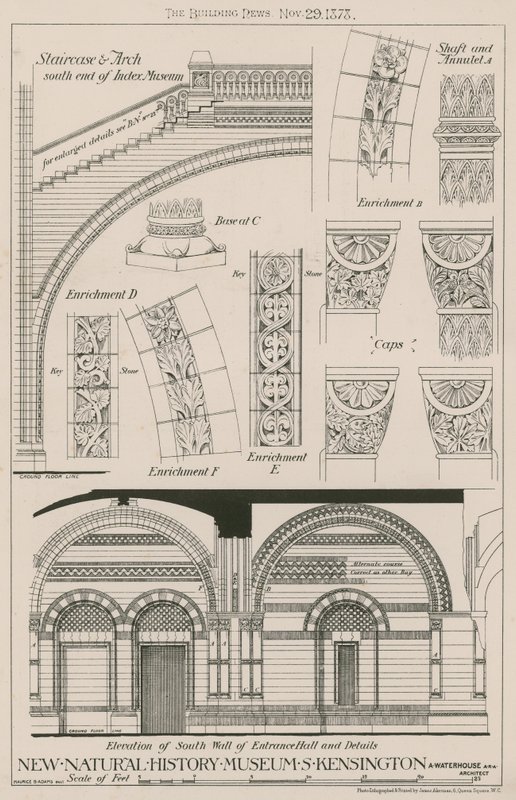 Schody i łuk oraz elewacja południowej ściany holu wejściowego nowego Muzeum Historii Naturalnej w South Kensington autorstwa English School