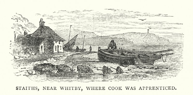 Staiths, niedaleko Whitby, gdzie Cook był praktykantem (kolorowy grawerunek) autorstwa English School