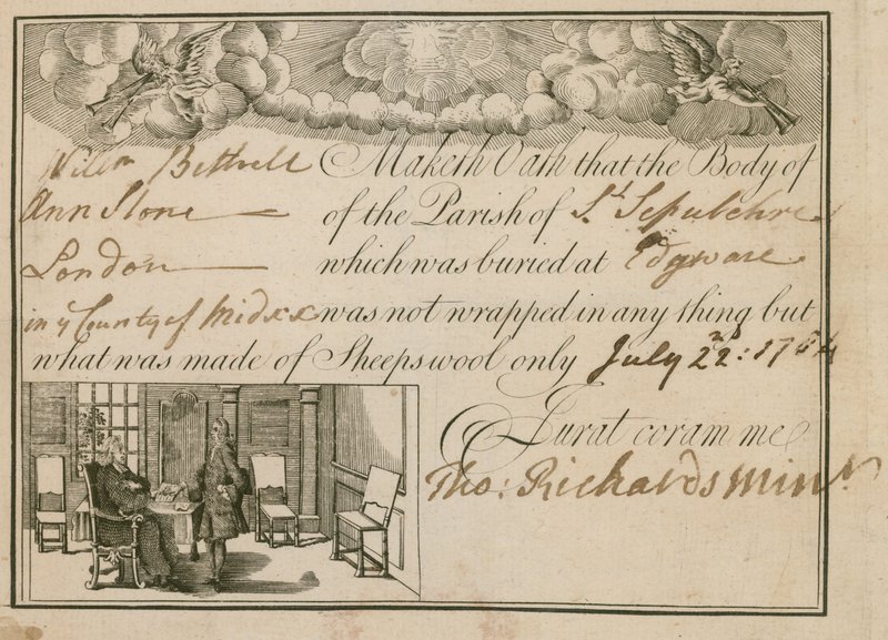 Oświadczenie, że Ann Slone została pochowana w owczej wełnie, 1784 autorstwa English School
