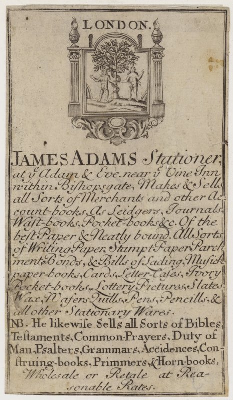 Papiernicze, James Adams, karta handlowa autorstwa English School
