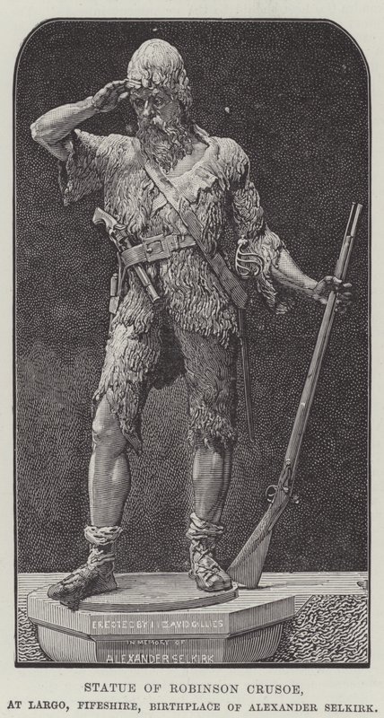 Posąg Robinsona Crusoe, w Largo, Fifeshire, miejsce urodzenia Aleksandra Selkirka (rycina) autorstwa English School