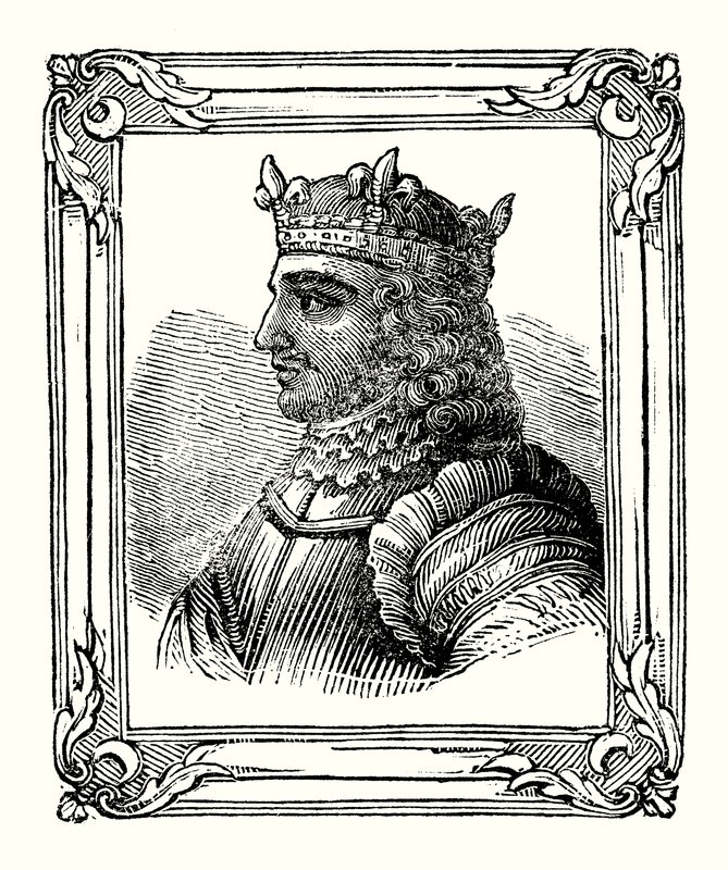 Stefan urodził się w 1104, koronowany w 1135 i zmarł w 1154 (ryt) autorstwa English School