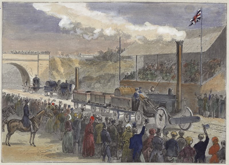 Stephensons Rocket zajęła pierwsze miejsce w konkursie lokomotyw w Rainhill w 1829 roku autorstwa English School