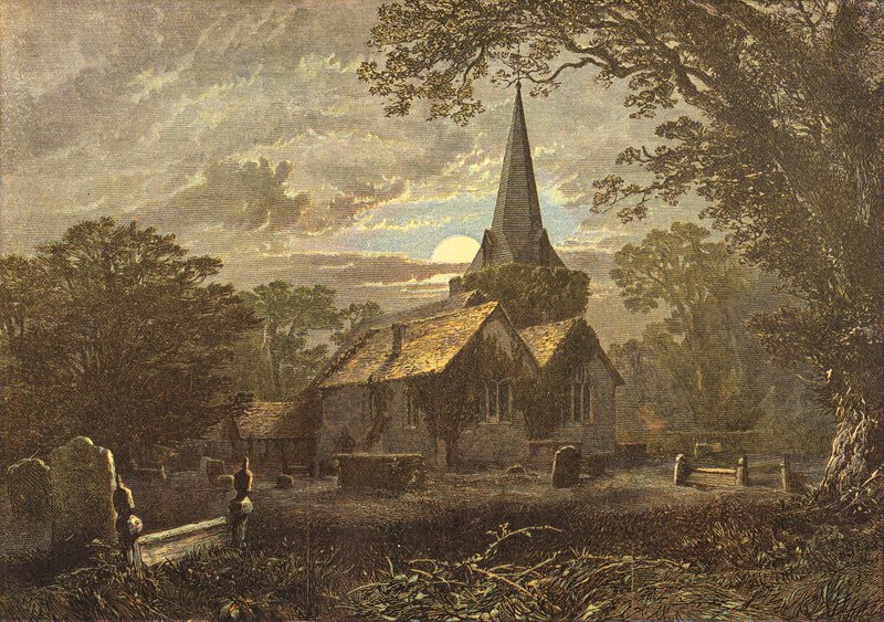 Stoke Poges Churchyard, scena z elegii Graya (rycina) autorstwa English School