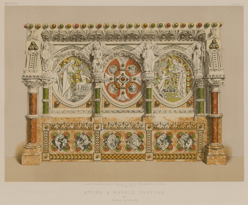 Reredos z kamienia i marmuru firmy Earp, Londyn (chromolit) autorstwa English School