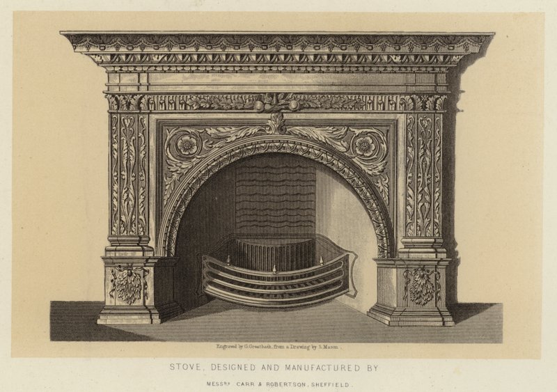 Piec zaprojektowany i wyprodukowany przez firmę Carr and Robertson Sheffield (litografia) autorstwa English School