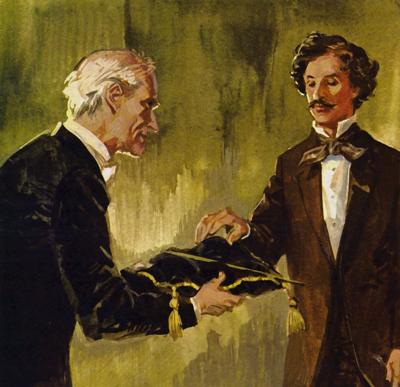 Strauss został przedstawiony z batutą ojca przez głównego skrzypka jego orkiestry autorstwa English School