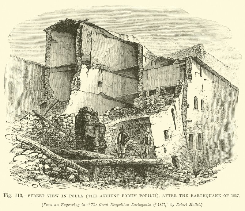 Widok ulicy w Polla (starożytne forum Popilii), po trzęsieniu ziemi z 1857 r. autorstwa English School