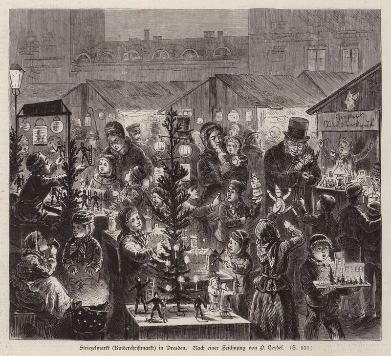 Jarmark bożonarodzeniowy Striezelmarkt, Drezno, Niemcy (grawerowanie) autorstwa English School