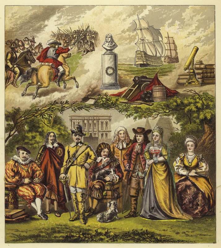 Stuarts, Commonwealth i House of Orange; King James I, King Charles I, Oliver Cromwell, King Charles II, King James II, William and Mary, Queen Anne autorstwa English School