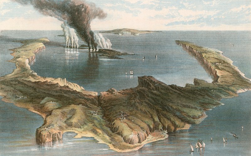 Wulkan podwodny - wyspa Santorini, podczas erupcji 1866 autorstwa English School