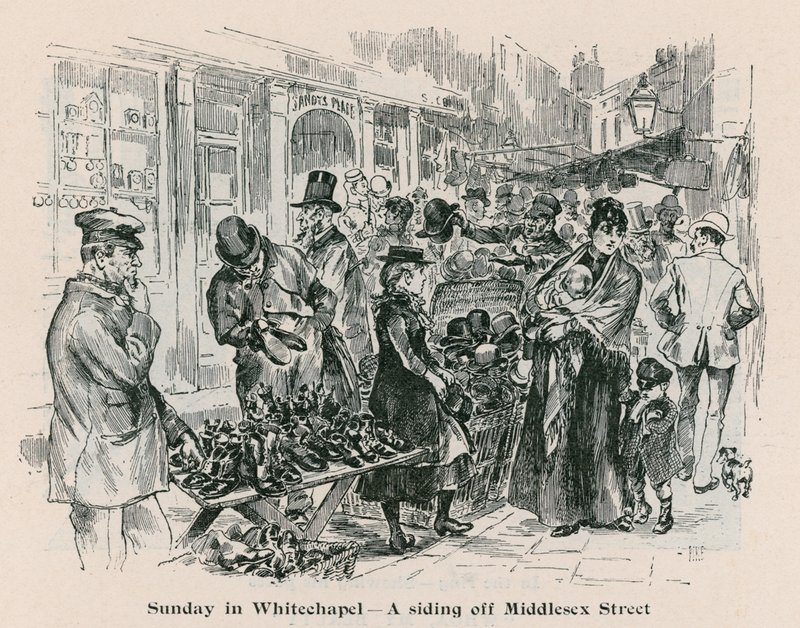 Niedziela w Whitechapel – bocznica przy Middlesex Street w Londynie autorstwa English School