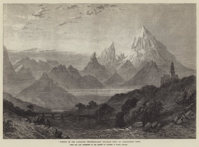 Wschód słońca nad Watzmann, Berchtesgaden, Alpy Bawarskie (rycina) autorstwa English School