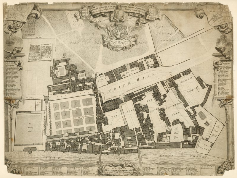 Działka geodezyjna i gruntowa Pałacu Królewskiego w Whitehall, 1680, z kwaterami i apartamentami należącymi do ich Królewskich Mości autorstwa English School