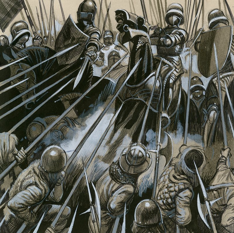 Szwajcarscy żołnierze pokonujący armię burgundzką w latach 1476-77 autorstwa English School