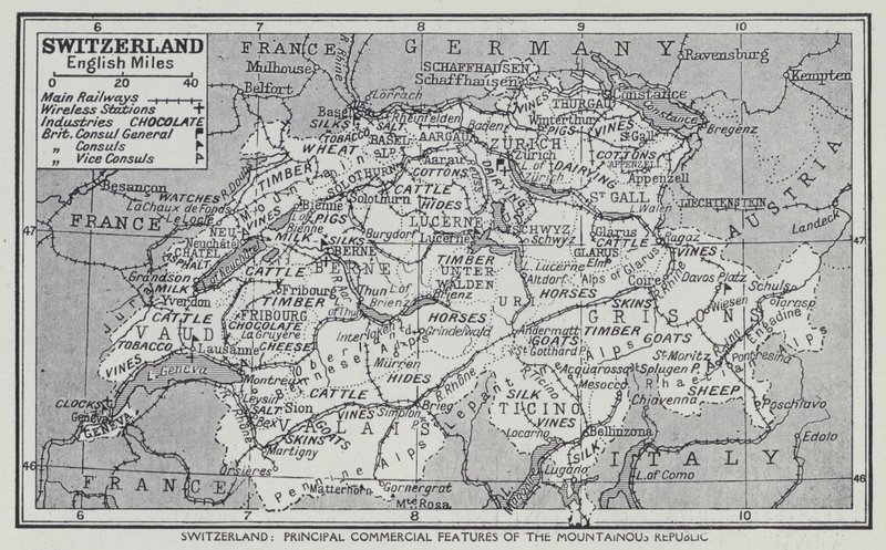 Szwajcaria, Główne cechy handlowe Republiki Górskiej (litografia) autorstwa English School