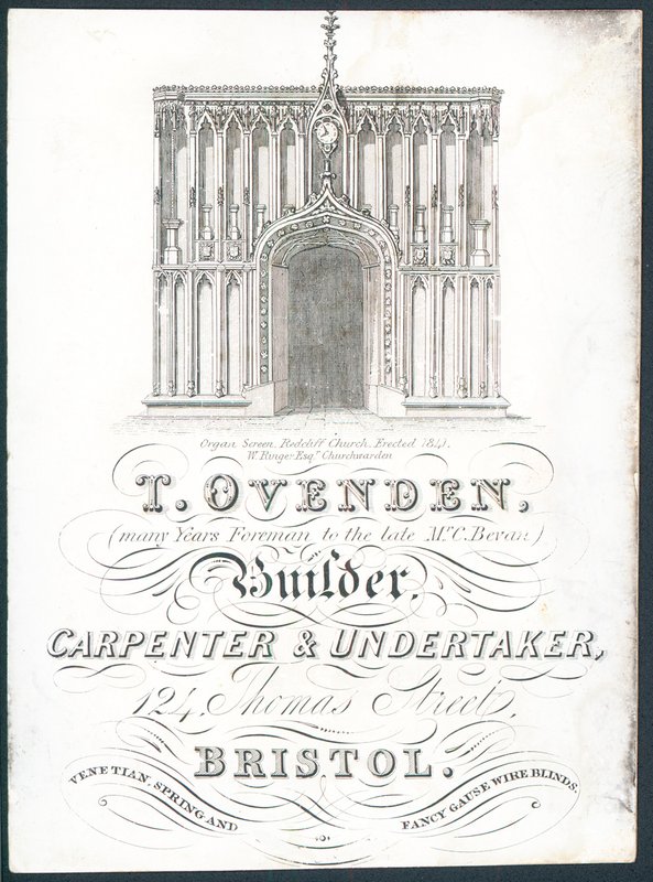 T Ovenden, Builder, Carpenter and Undertaker, karta handlowa autorstwa English School