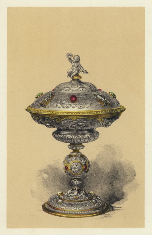Tazza, z pokrywą, ze srebra wysadzanego klejnotami (chromolitho) autorstwa English School