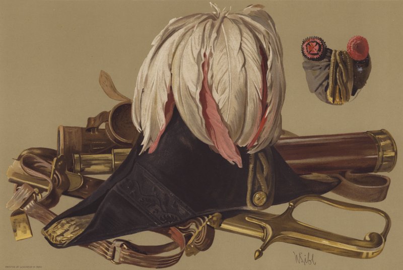 Teleskop księcia Wellington oraz miecz i kapelusz noszone przez niego pod Waterloo (chromolitho) autorstwa English School