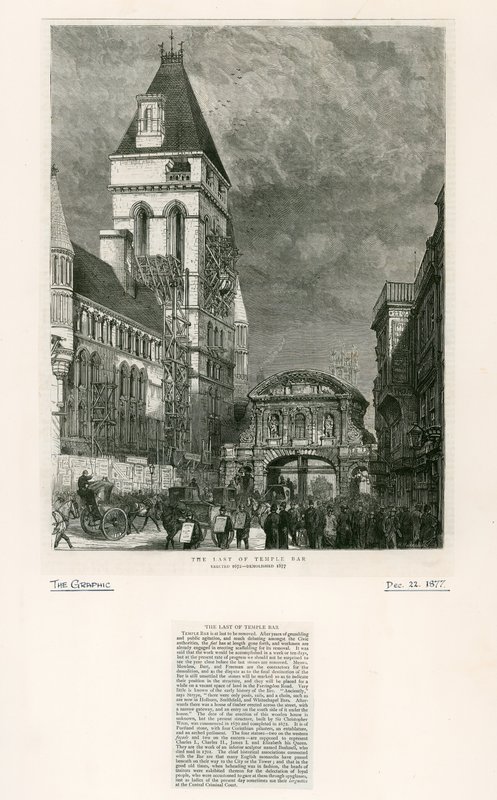 Temple Bar, Londyn. Rozbiórka, 1877 autorstwa English School
